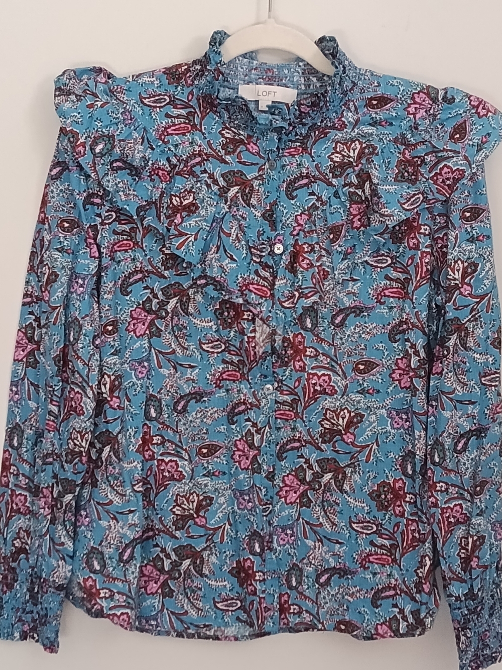 LOFT Floral Ruffle Mock Neck Prairie Cottagecore Button Up Paisley Blouse Medium